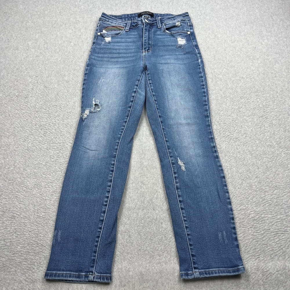 Judy Blue Jeans Womens 7/28 Blue Rainbow Embroidered Distressed Stretch Denim